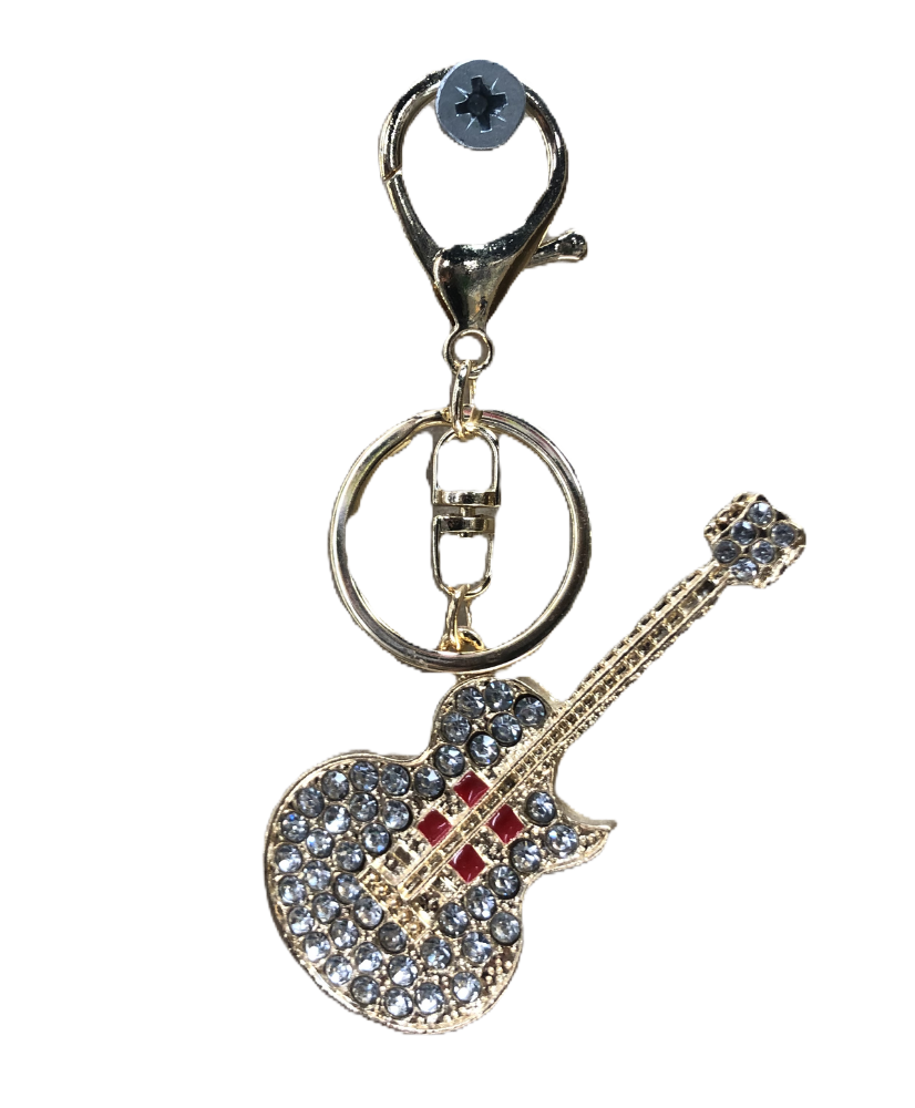 Porte-clés guitare noire strass doré